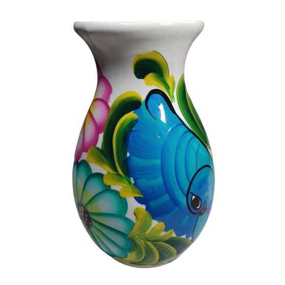 Mexican Folk Art Pottery Talavera Peacock Daisy Flowers Floral Hand Painted Vase - Picture 6 of 8